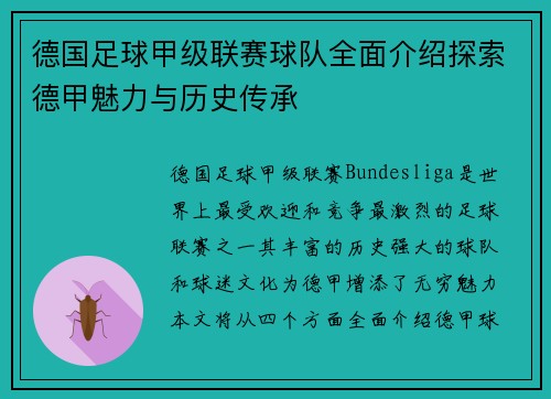 德国足球甲级联赛球队全面介绍探索德甲魅力与历史传承